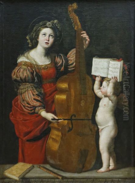 Sainte Cecile avec un ange tenant une partition musicale Oil Painting by Domenichino