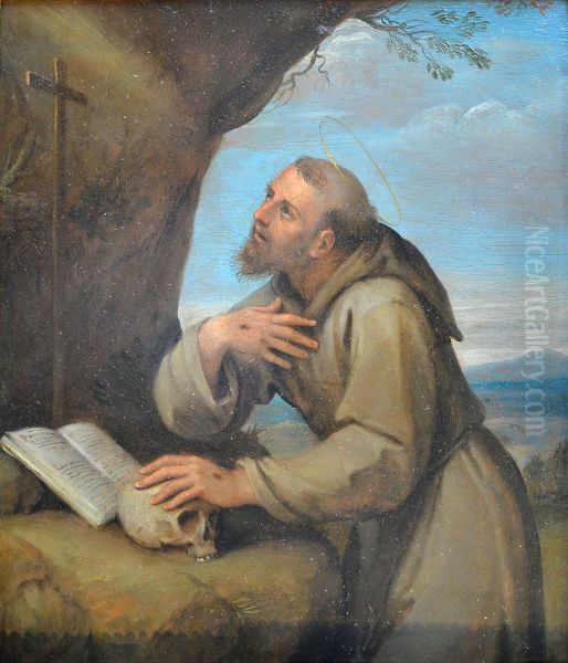 Saint Francois d'Assise en oraison devant un crucifix Oil Painting by Francesco Albani