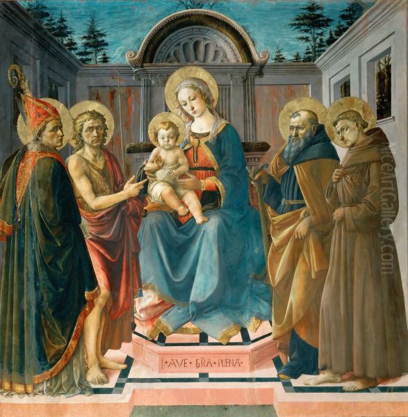 La Vierge et l'Enfant entre saint Zenobe (?), saint Jean-Baptiste, saint Antoine abbe et saint Francois d'Assise. Oil Painting by Francesco Pesellino