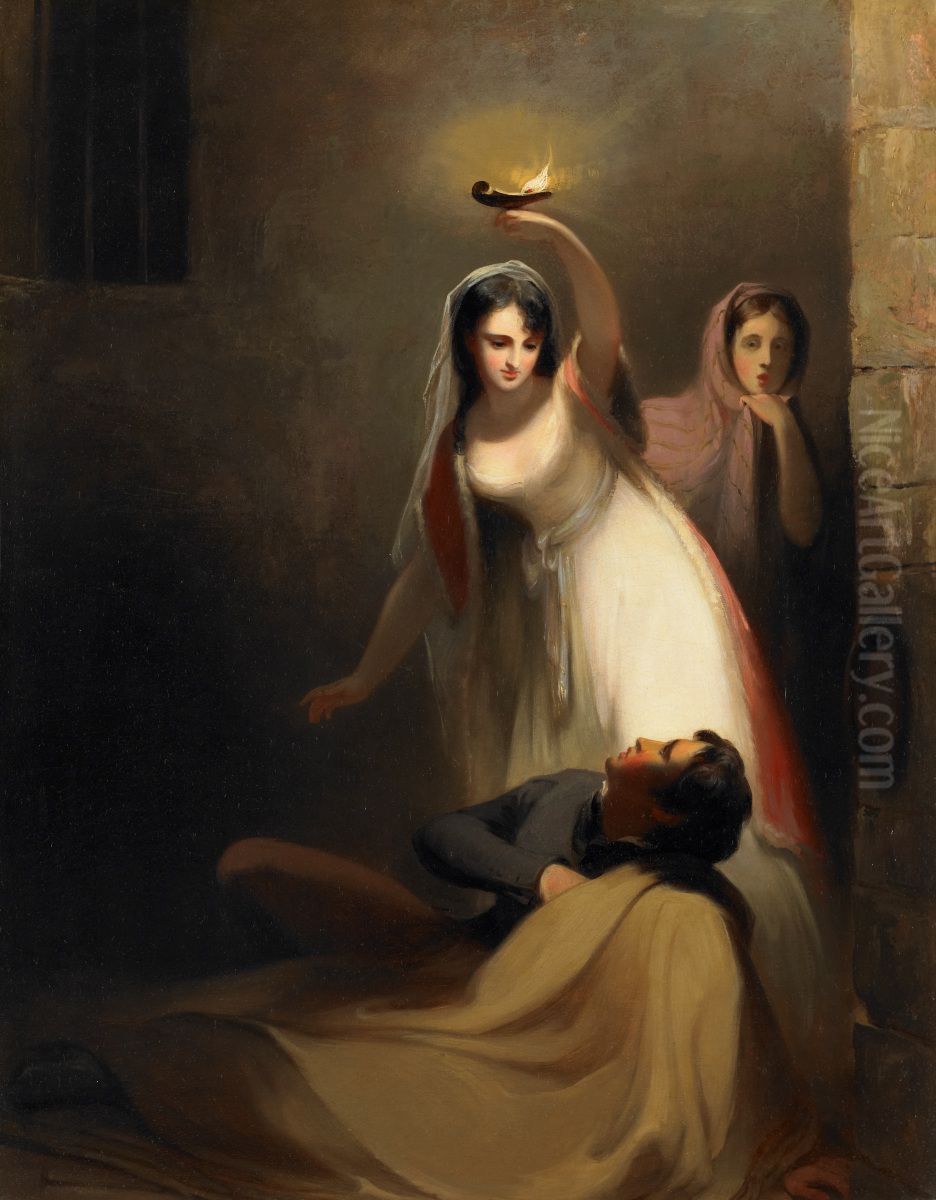 Cecelia Howard and Katherine Plowden arousing the prisoner Edward Griffith from his slumber Oil Painting by Thomas Sully