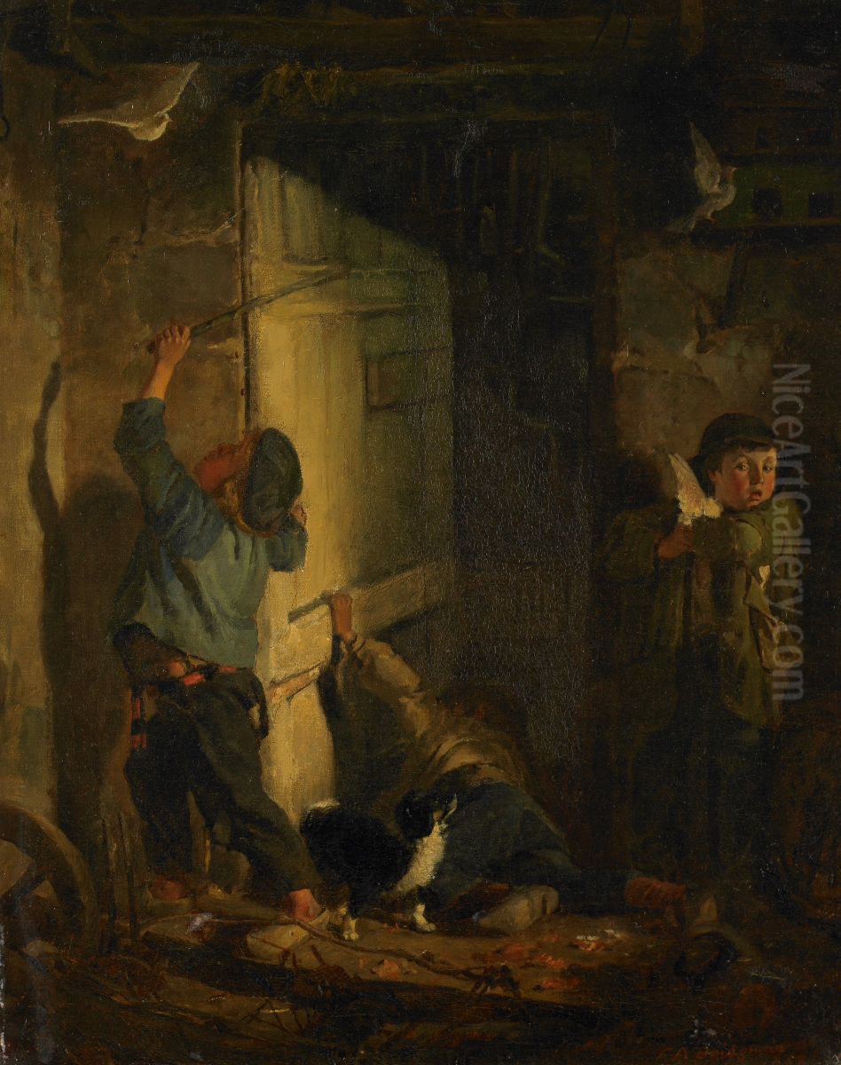 Robbing the Pigeon Roost (Chasing Doves) by Frederick Arthur Bridgman, 1868 Oil Painting by Frederick Arthur Bridgman