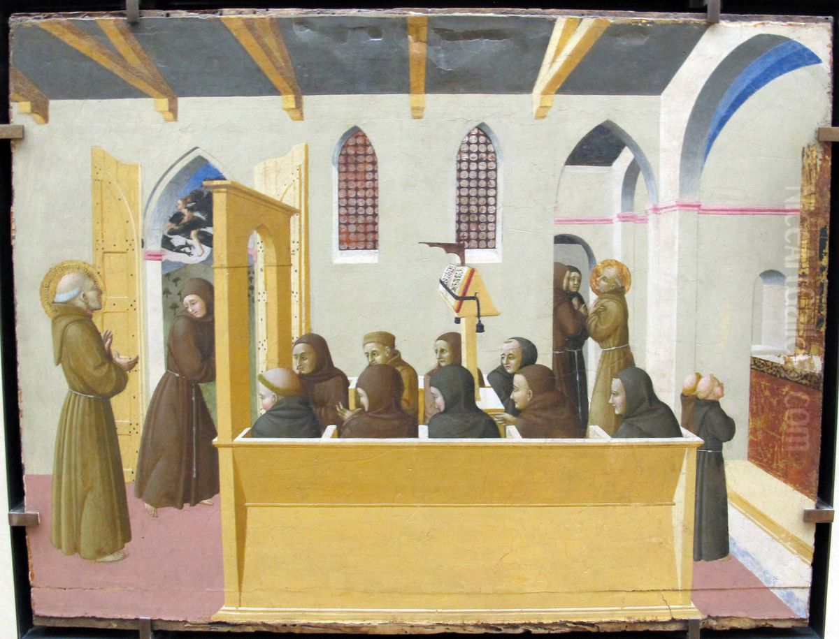 Le Bienheureux Ranieri Rasini montre aux freres reunis en priere l'ame de l'avare de Citerna emportee par les demons Oil Painting by Stefano di Giovanni