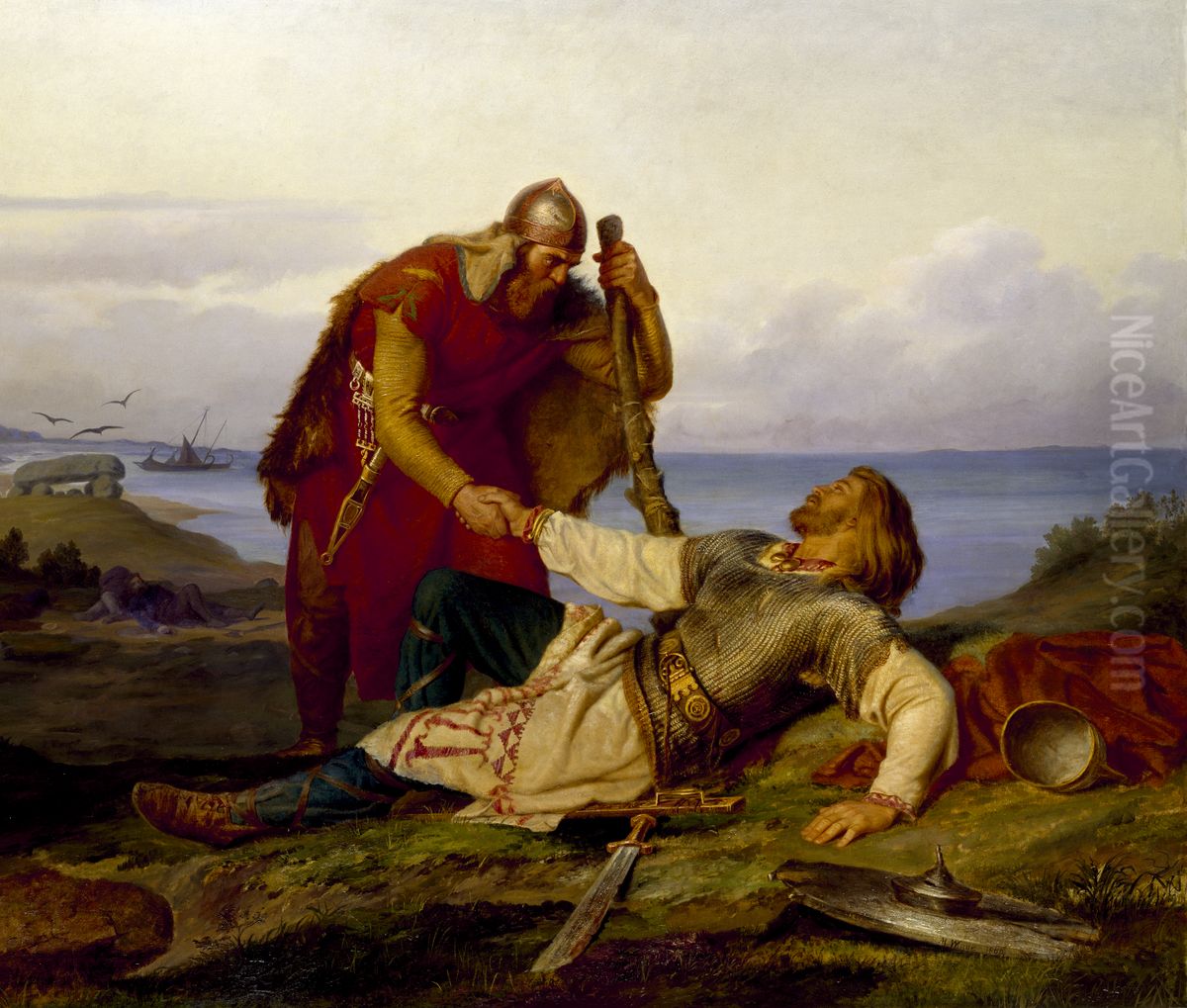 Hjalmar Parting from Orvar Odd after the Fight on Samso Oil Painting by Marten Eskil Winge