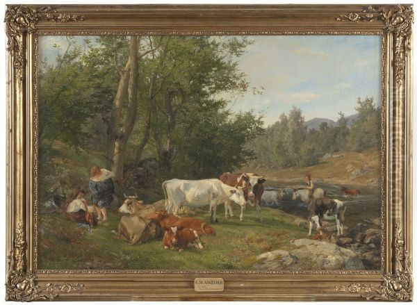 Landskap med boskap Oil Painting by Anders Askevold