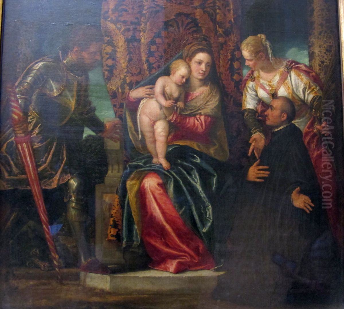 Madonna and Child between St. Justina and St. George, with a Kneeling Benedictine Monk Oil Painting by Paolo Veronese (Caliari)