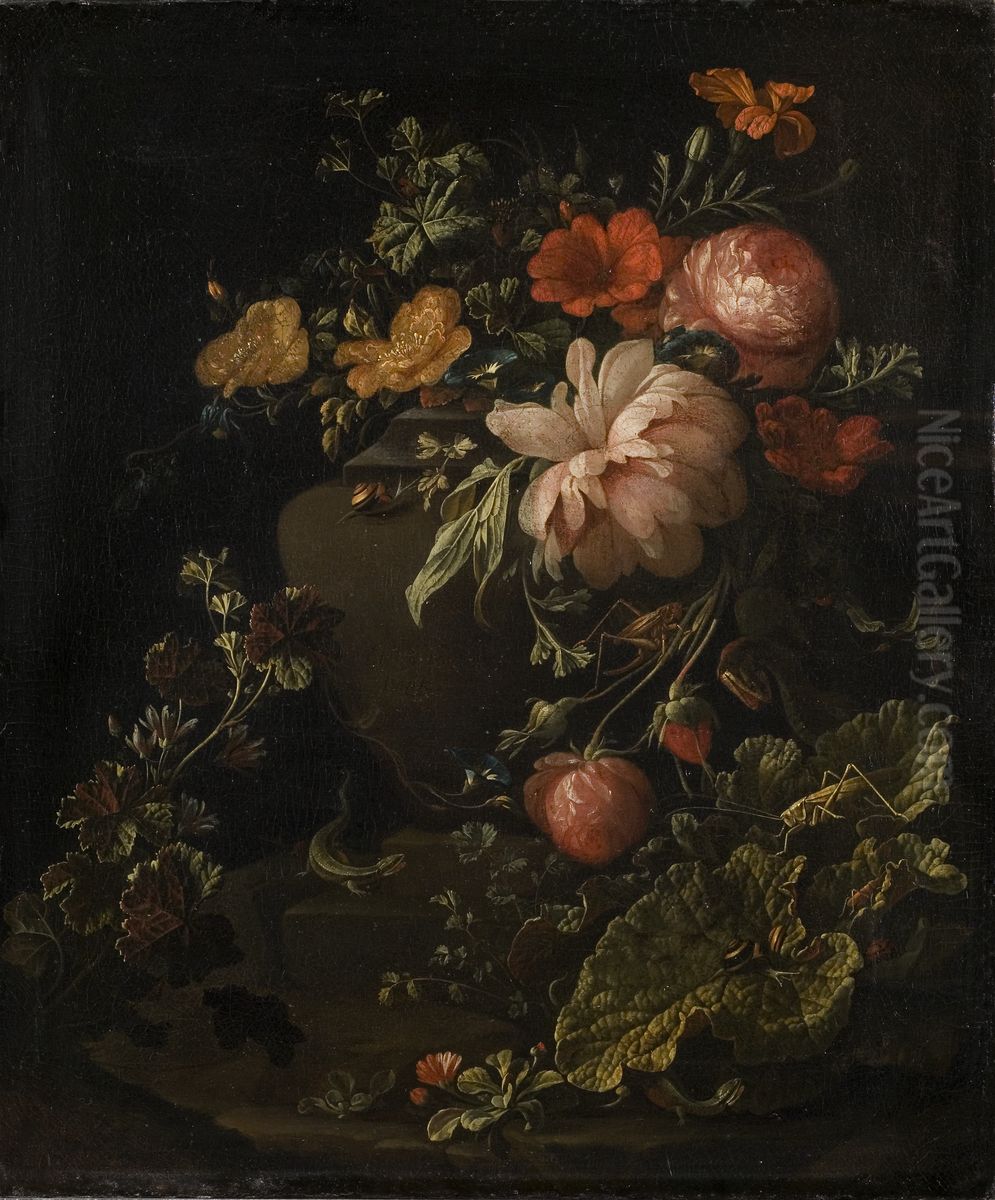 Flowers, Lizards and Insects Oil Painting by Elias van den Broeck