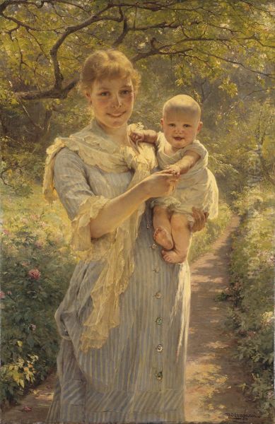 Young Mother with a Child in a Garden Oil Painting by Bertha Wegmann