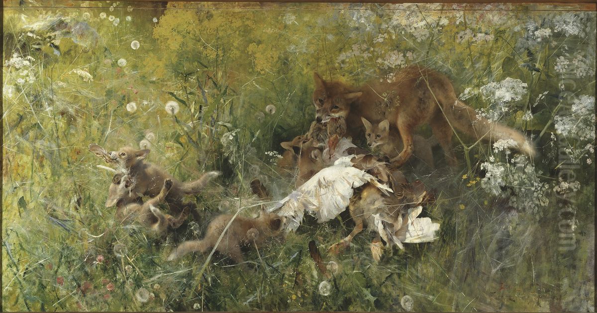 Ravfamilj Oil Painting by Bruno Andreas Liljefors