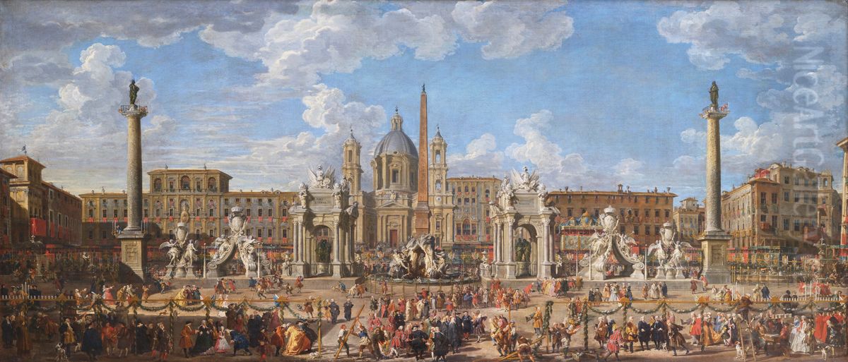Preparation du feu d'artifice et de la decoration de la fete donnee sur la place Navone, a Rome, le 30 novembre 1729, a l'occasion de la naissance du Dauphin Oil Painting by Giovanni Paolo Panini