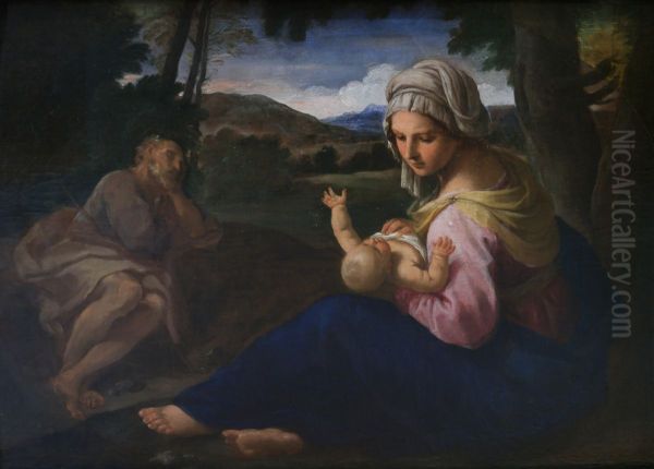 Le repos pendant la fuite en Egypte avec saint Joseph dormant Oil Painting by Simone Cantarini (Pesarese)