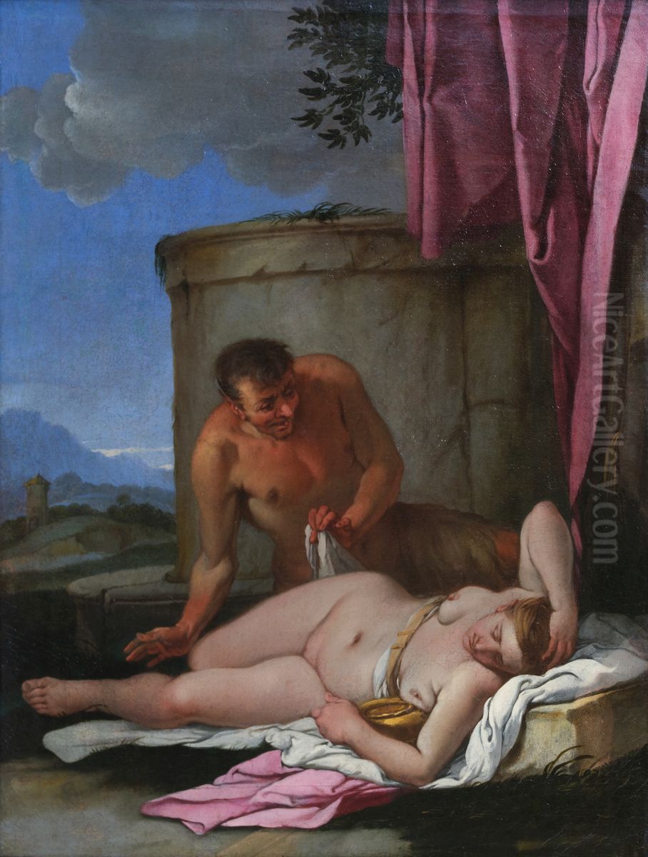 Satyre epiant une nymphe, dit aussi Jupiter et Antiope Oil Painting by Giulio Carpioni
