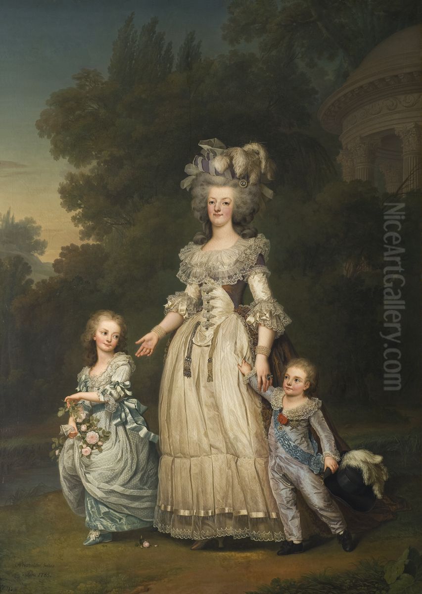 Drottning Marie Antoinette av Frankrike med tva av sina barn promenerande i Trianons park Oil Painting by Adolf Ulrik Wertmuller