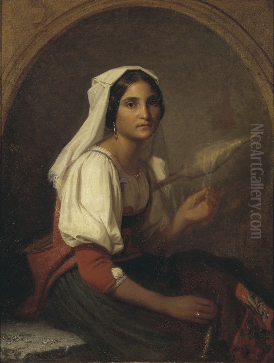 An Italian Woman Spinning Flax Oil Painting by Uno Troili