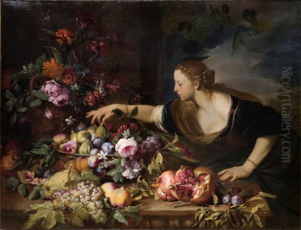 Woman Grasping Fruits Oil Painting by Abraham Brueghel