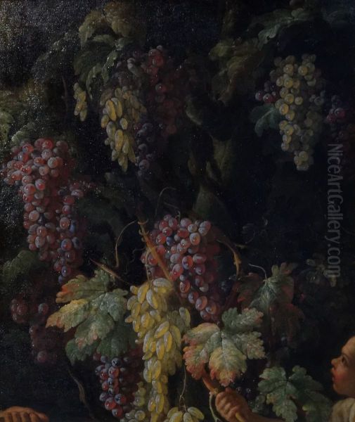 Bunches of Grapes around a Tree Trunk Oil Painting by Giovan Battista Ruoppolo