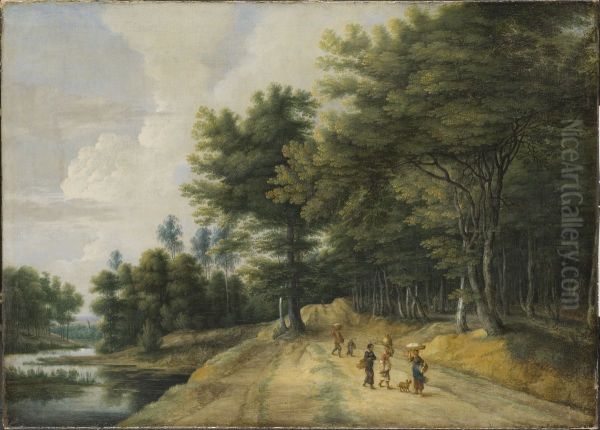 Landscape with a Road through a Wood of Beeches Oil Painting by Lucas Van Uden