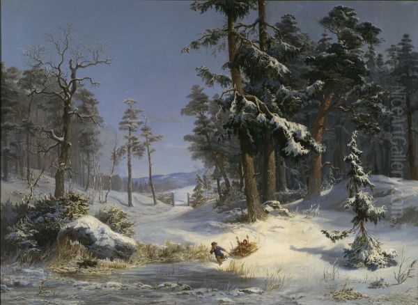 Winter Landscape from Queen Christina's Road in Djurgarden, Stockholm Oil Painting by Carl XV of Sweden