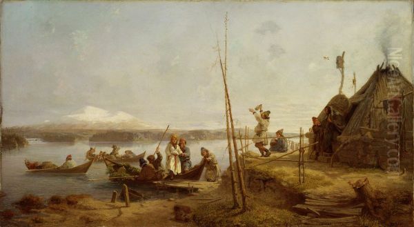 Bridal Homecoming at Lake Hornavan Oil Painting by Johan Fredrik Hockert