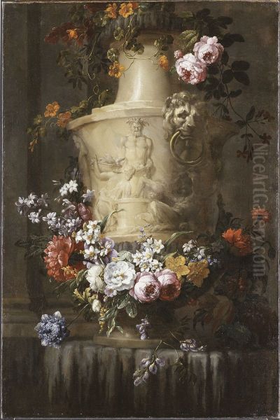 Marmorvas med blomstergirland Oil Painting by Jean-Baptiste Monnoyer