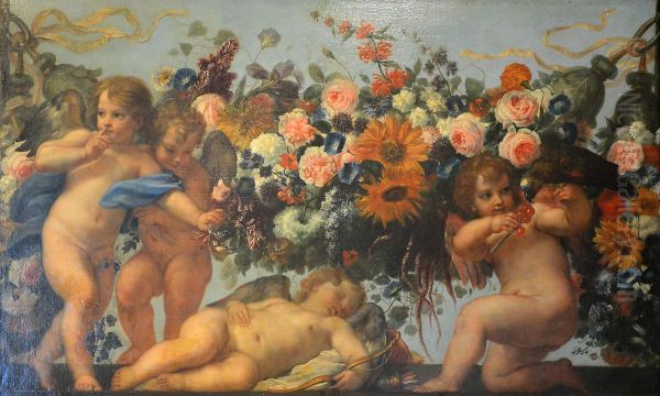 Amour et guirlande de fleurs avec perroquet Oil Painting by Carlo Maratta