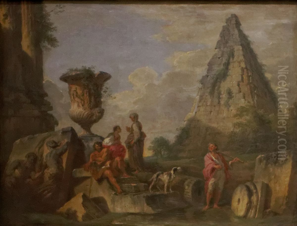 Roman Ruins with the Pyramid of Cestius Oil Painting by Giovanni Paolo Panini