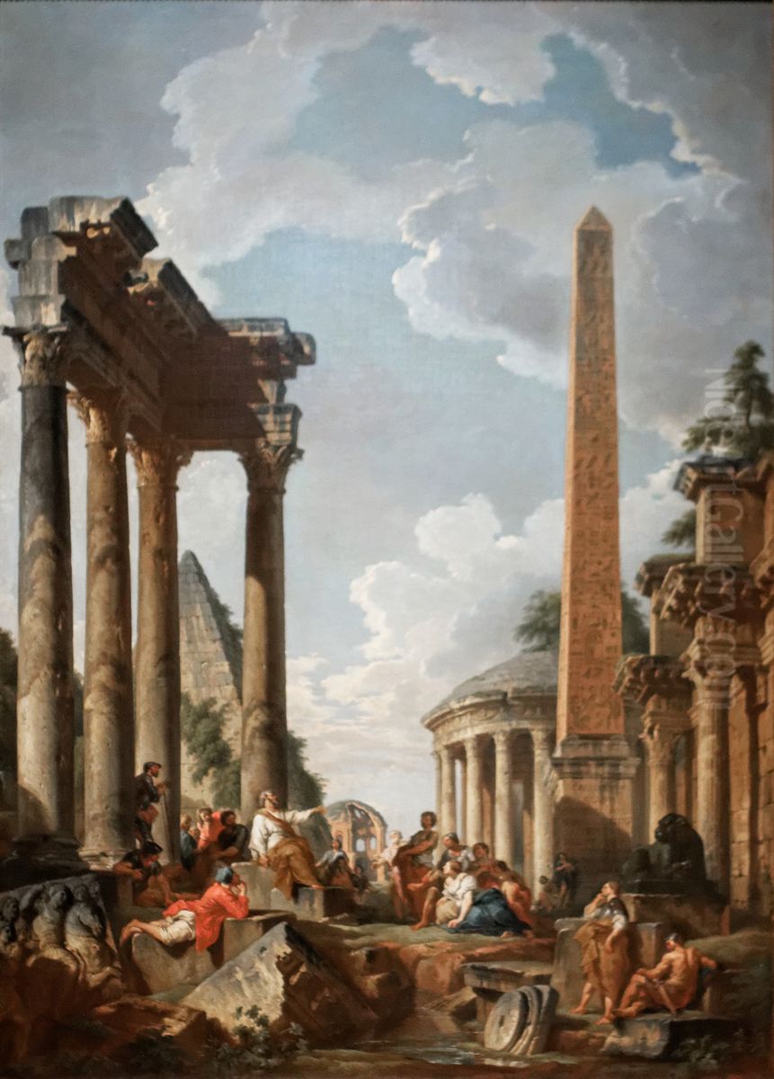 Caprice architectural avec predicateur dans des ruines romaines Oil Painting by Giovanni Paolo Panini