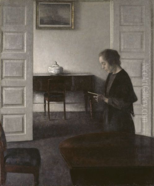Interior with a Reading Lady Oil Painting by Vilhelm Hammershoi
