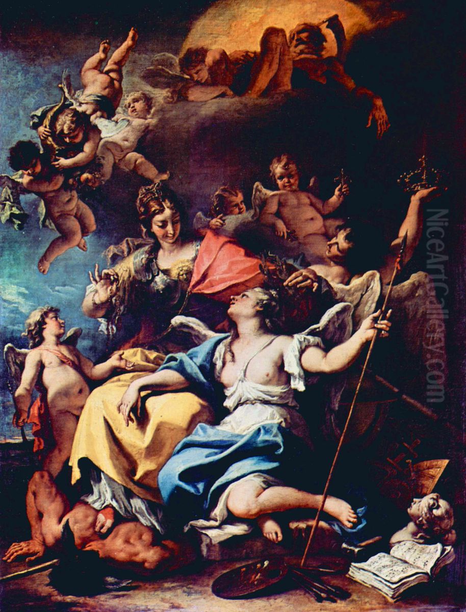 Allegorie de la France sous la figure de Minerve foulant aux pieds l'Ignorance et couronnant la Vertu Oil Painting by Sebastiano Ricci