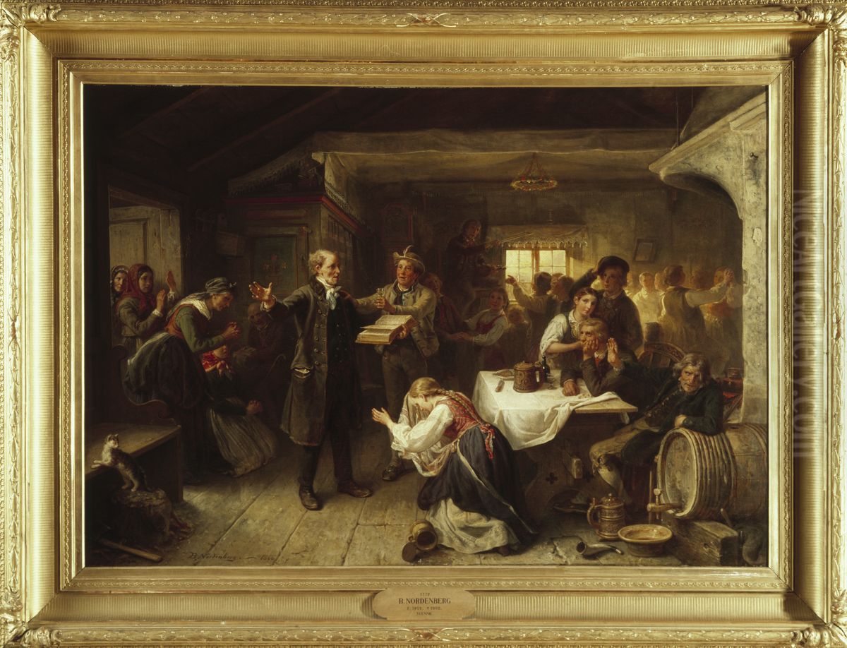 A Revivalist Disturbs the Merrymaking Oil Painting by Bengt Nordenberg