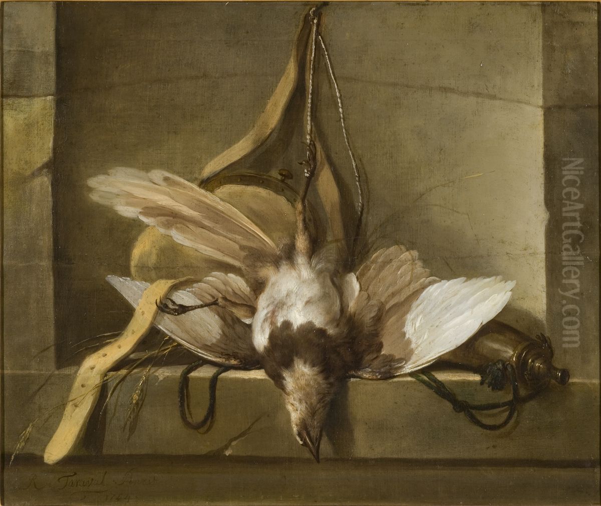 Still Life with a Dead Bird and Hunting Gear Oil Painting by Guillaume Taraval