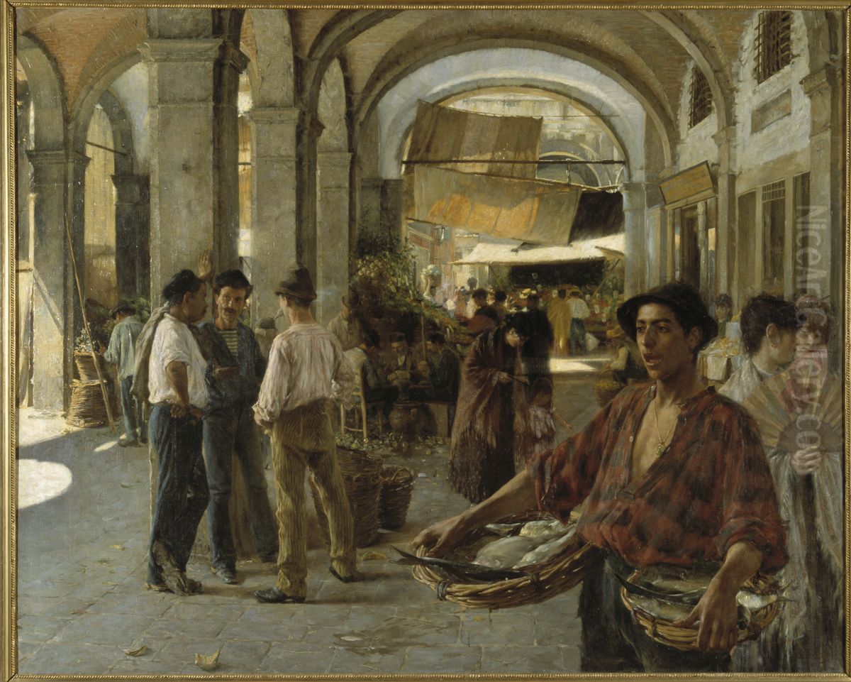 A Venetian Covered Market Oil Painting by Oscar Bjorck