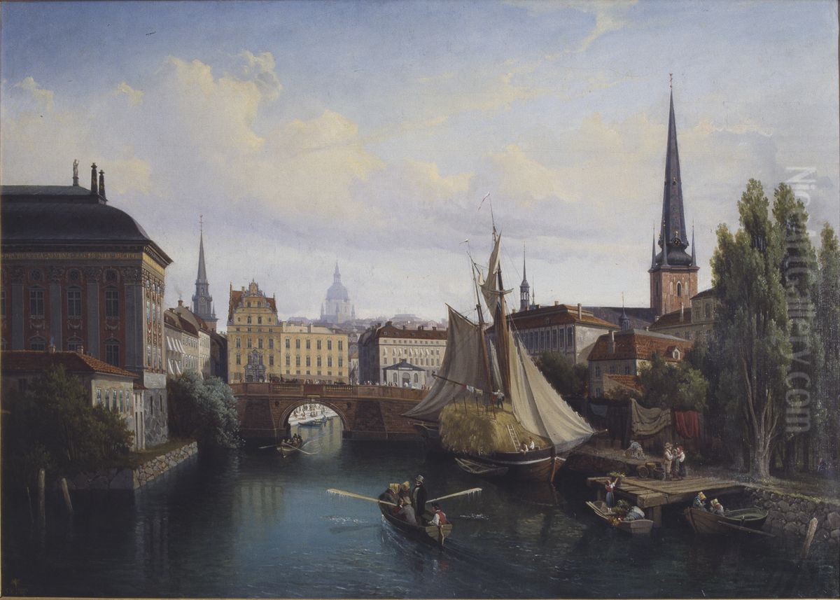 View of the Riddarholmskanalen, Stockholm, 1835 Oil Painting by Gustaf Wilhelm Palm