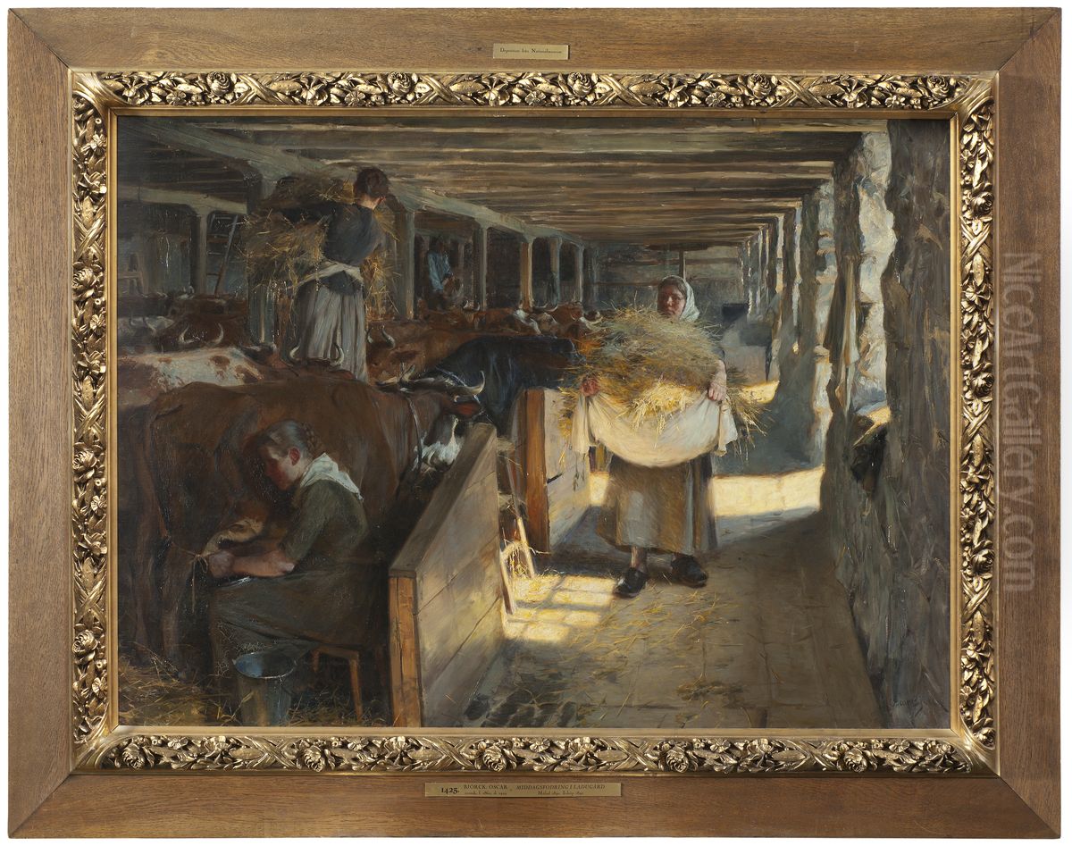 Middagsfodring i en ladugard Oil Painting by Oscar Bjorck