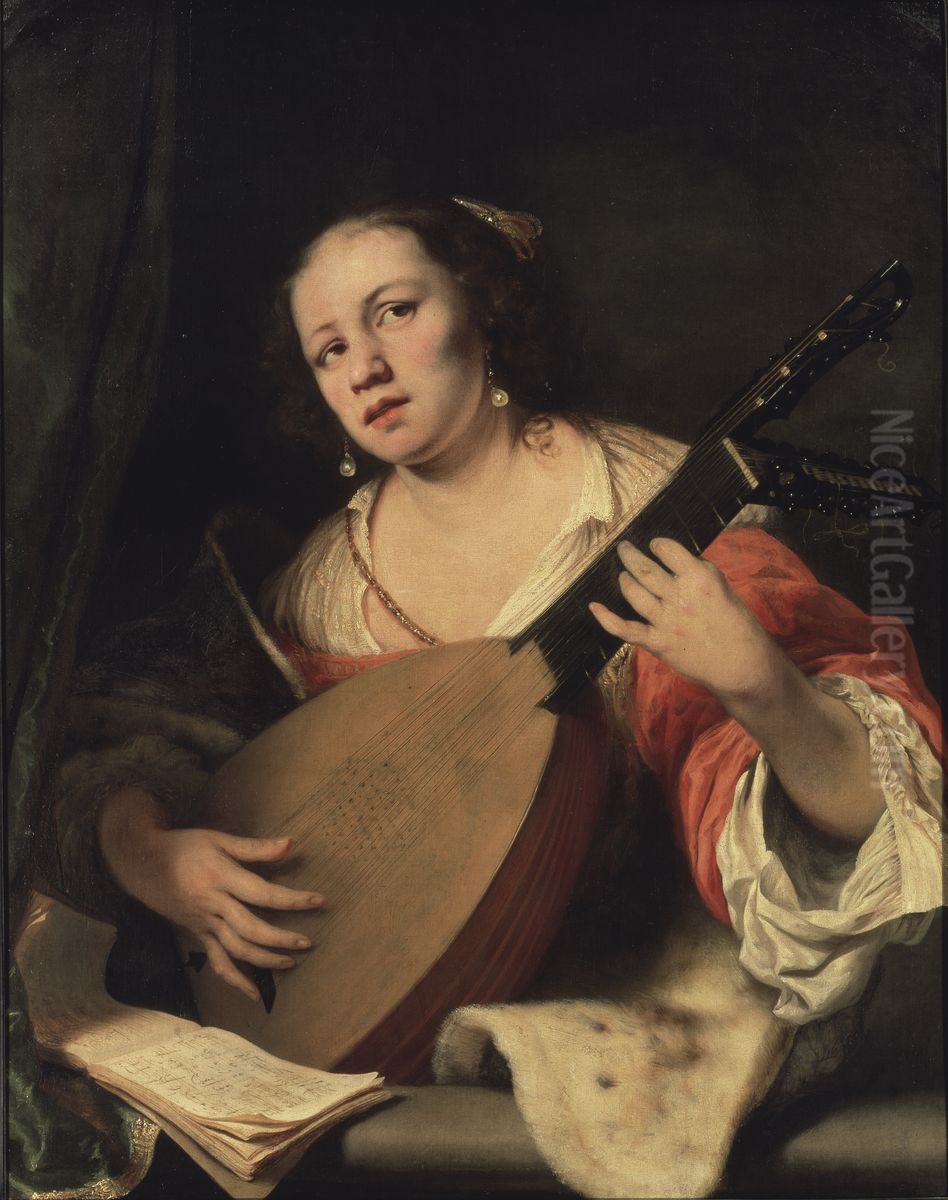 A Lady Playing the Lute Oil Painting by Ferdinand Bol