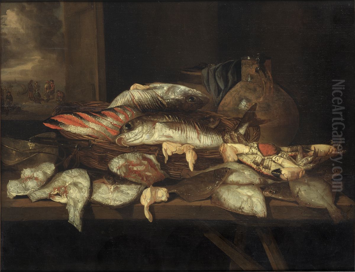 Stilleben med helgeflundror och andra fiskar Oil Painting by Abraham Van Beijeren