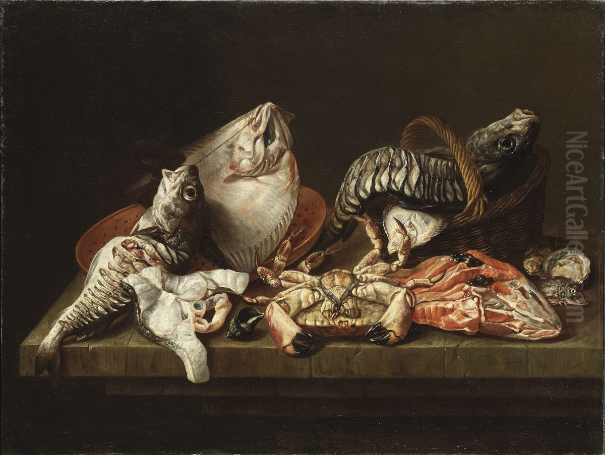 Stilleben med fiskar, krabba och ostron Oil Painting by Isaac Van Duynen
