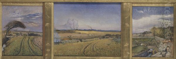 Spring in Halland. Three Paintings in a Frame Sculpted by the Artist Oil Painting by Nils Kreuger