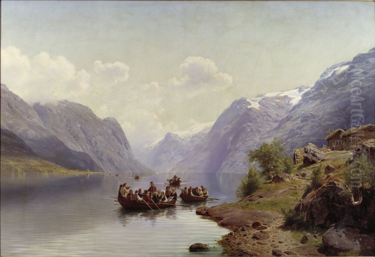 Brudfard pa Hardangerfjorden Oil Painting by Johan Fredrik Eckersberg