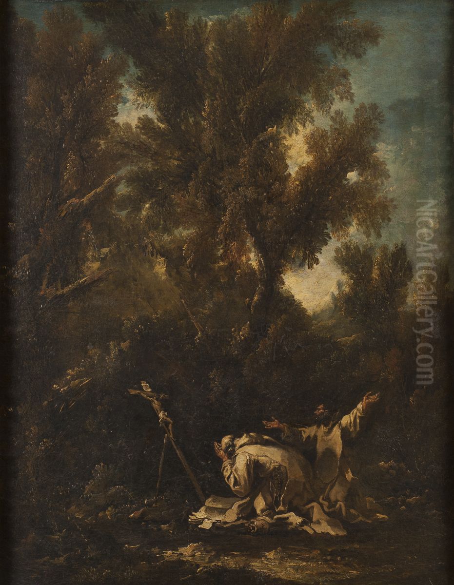 Landskap med tva botgorande munkar Oil Painting by Alessandro Magnasco