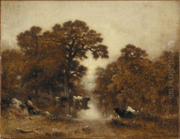 Cows at a Watering Pool Oil Painting by Jules Dupre