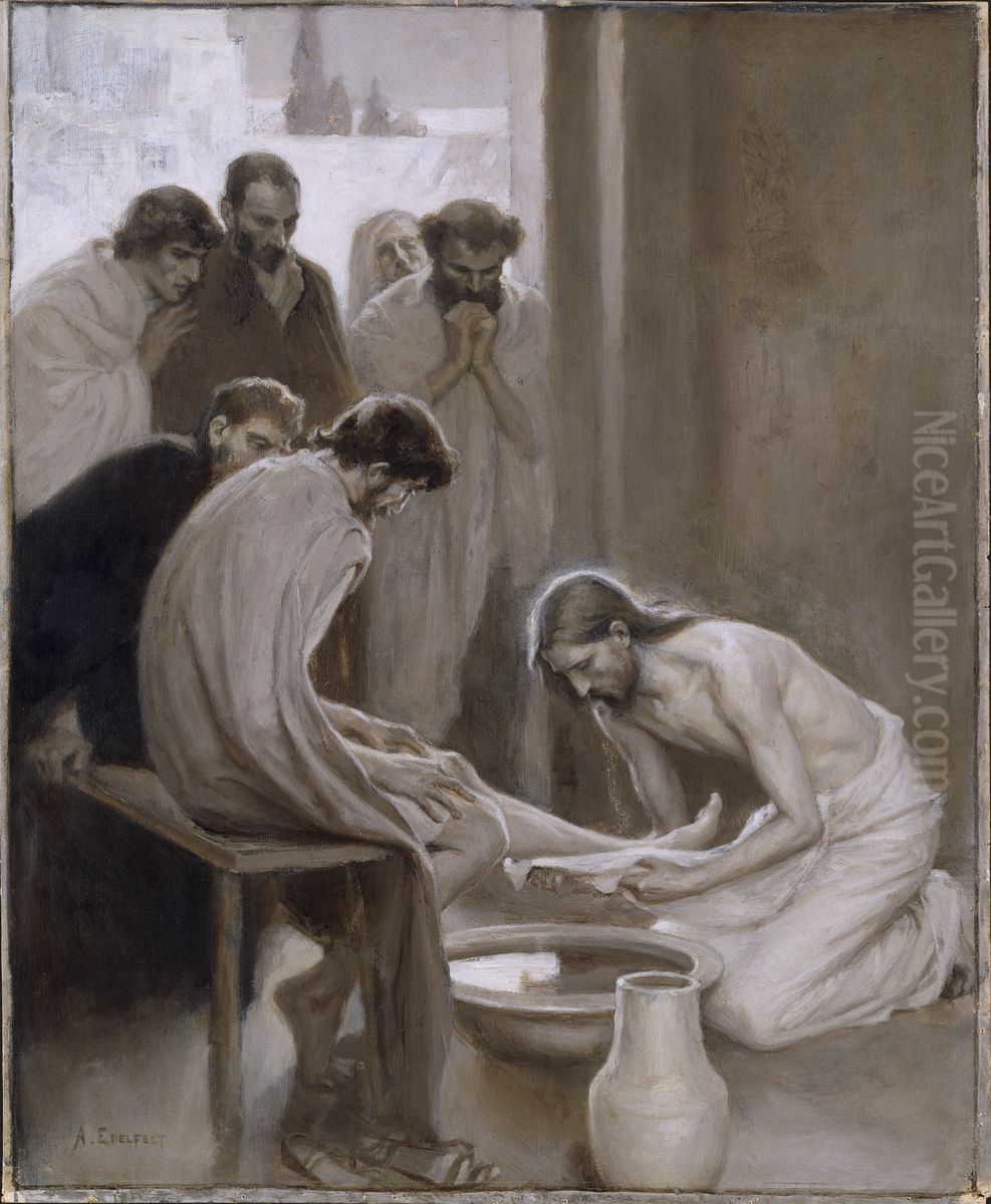 Jesus tvar larjungarnas fotter Oil Painting by Albert Edelfelt