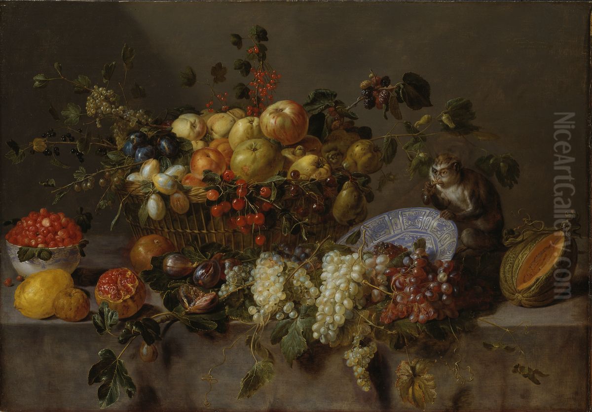 Stilleben med frukter och druvatande markatta Oil Painting by Adriaen van Utrecht