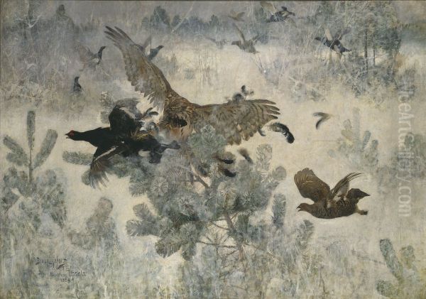 Duvhok och orrar Oil Painting by Bruno Andreas Liljefors