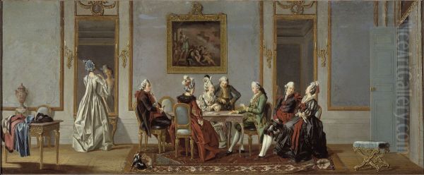 Gustaviansk interior med kortspelande sallskap Oil Painting by Pehr Hillestrom