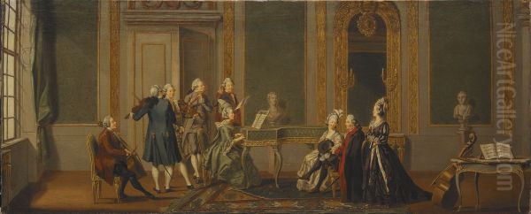 Gustaviansk interior med musicerande sallskap Oil Painting by Pehr Hillestrom