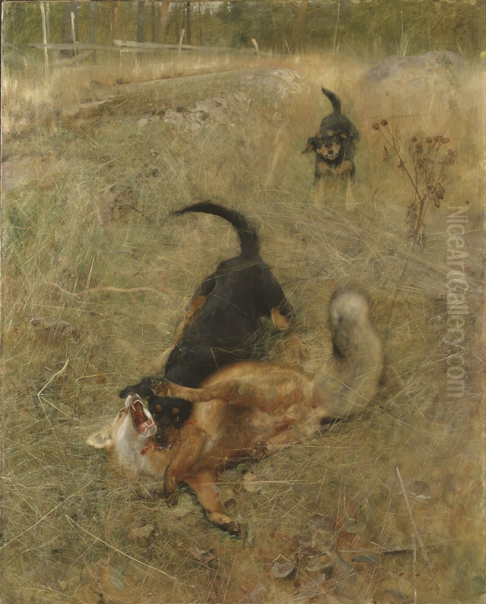 Swedish Foxhound and Fox Oil Painting by Bruno Andreas Liljefors
