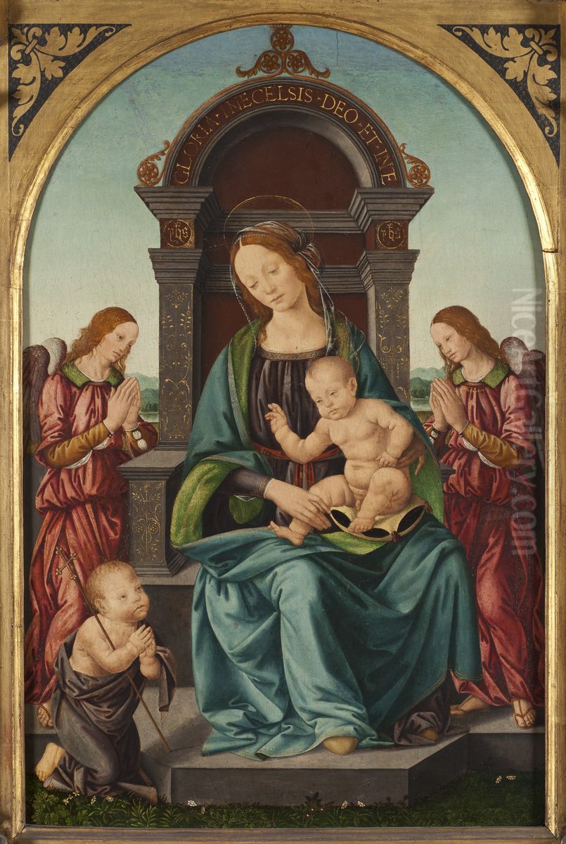 Madonnan med barnet, Johannesbarnet och anglar Oil Painting by Lorenzo Di Credi