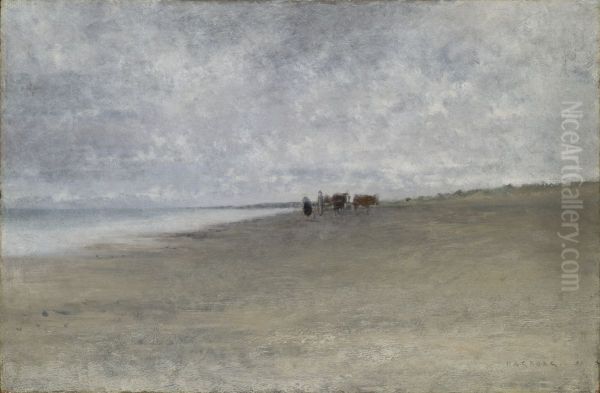 Hazy Weather by the Sea Oil Painting by August Hagborg