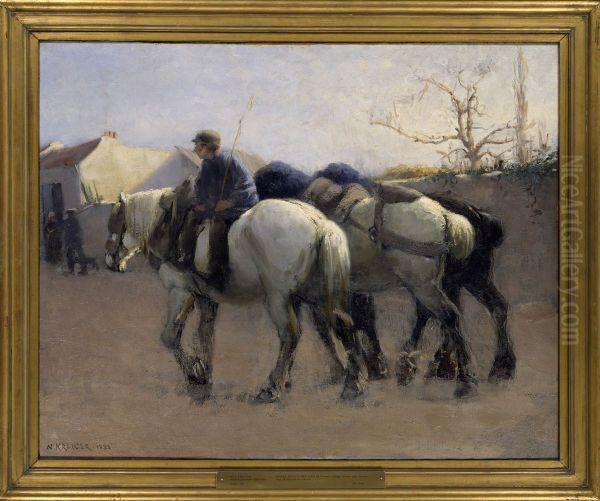 French Village Street with Horses Oil Painting by Nils Kreuger