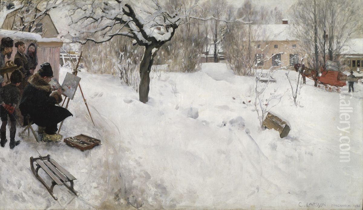 Friluftsmalaren. Vintermotiv fran Asogatan 145, Stockholm Oil Painting by Carl Larsson